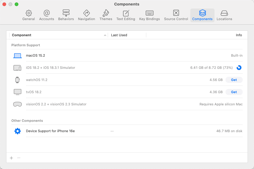 通过xcode内置 components 来管理支持的调试版本
